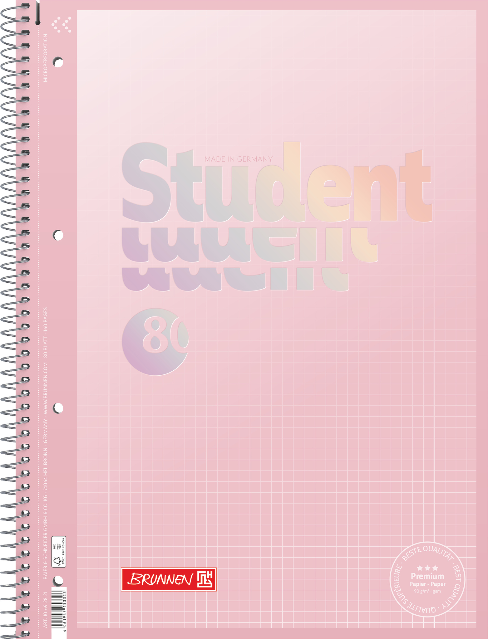 Collegeblock Premium Student „Pastell“ | A4, Lineatur 28, 80 Blatt, pastellrosa