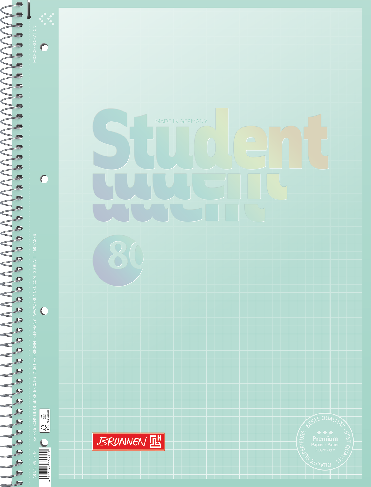 Collegeblock Premium Student „Pastell“ | A4, Lineatur 28, 80 Blatt, pastellmint