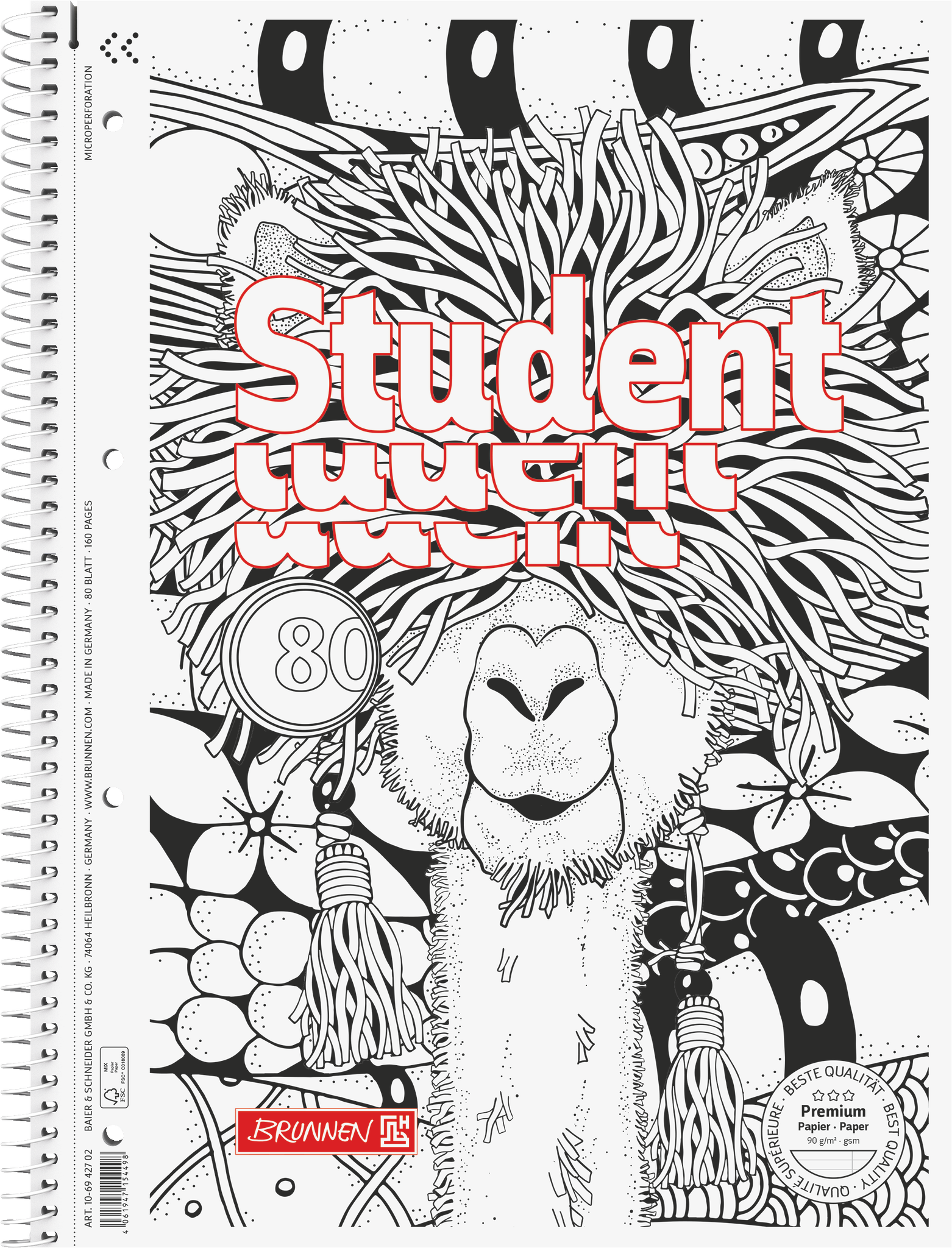 Collegeblock Premium Student „Lama“ ZENart | A4, Lineatur 27, 80 Blatt, weiß