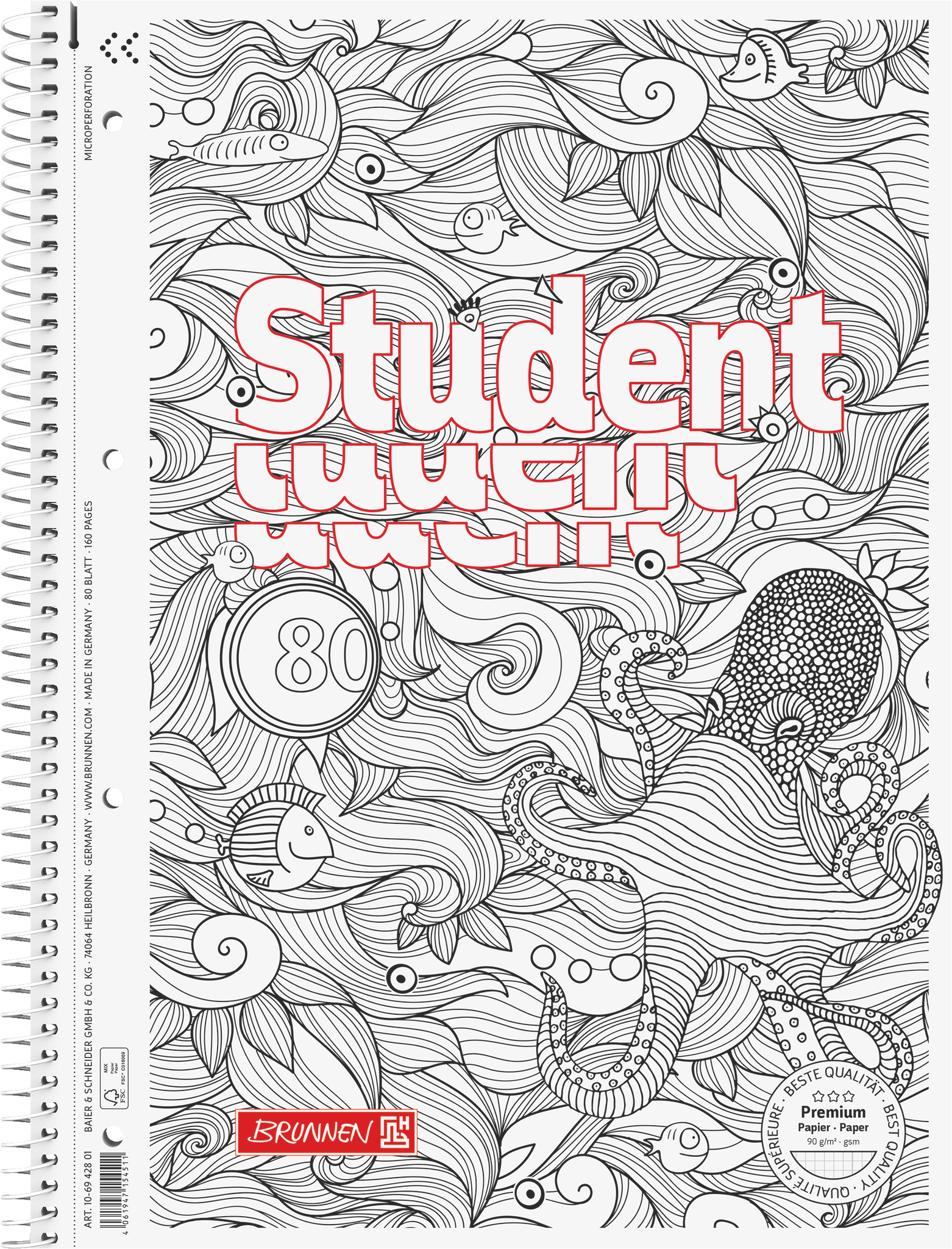 Collegeblock Premium Student „Krake“ ZENart | A4, Lineatur 28, 80 Blatt, weiß