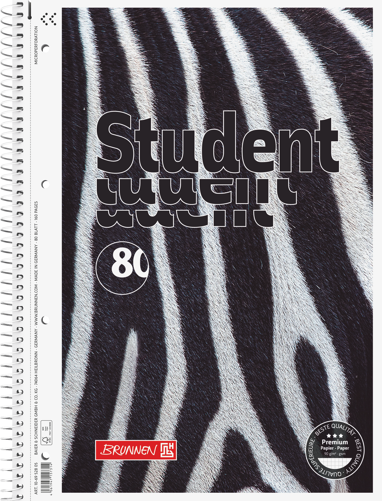 Collegeblock Premium Student „Zebra“ | A4, Lineatur 28, 80 Blatt, weiß/schwarz