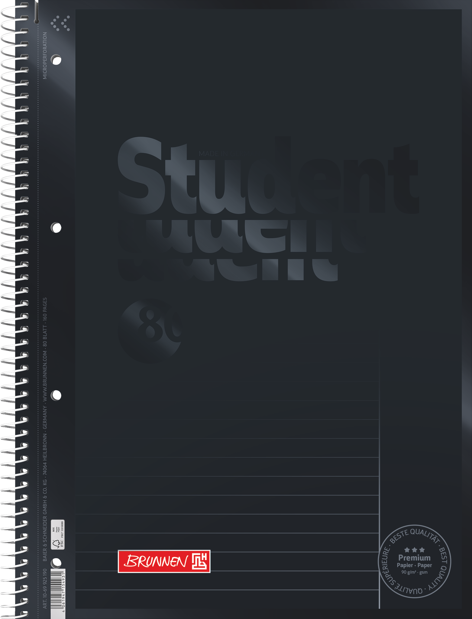 Collegeblock Premium Student Colour Code | A4, Lineatur 25, 80 Blatt, onyx