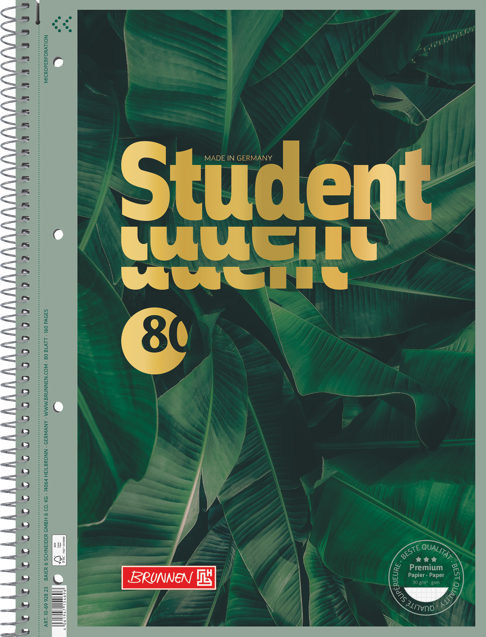 Collegeblock Premium Student „Jungle“ | A4, Lineatur 28, 80 Blatt, grün/gold