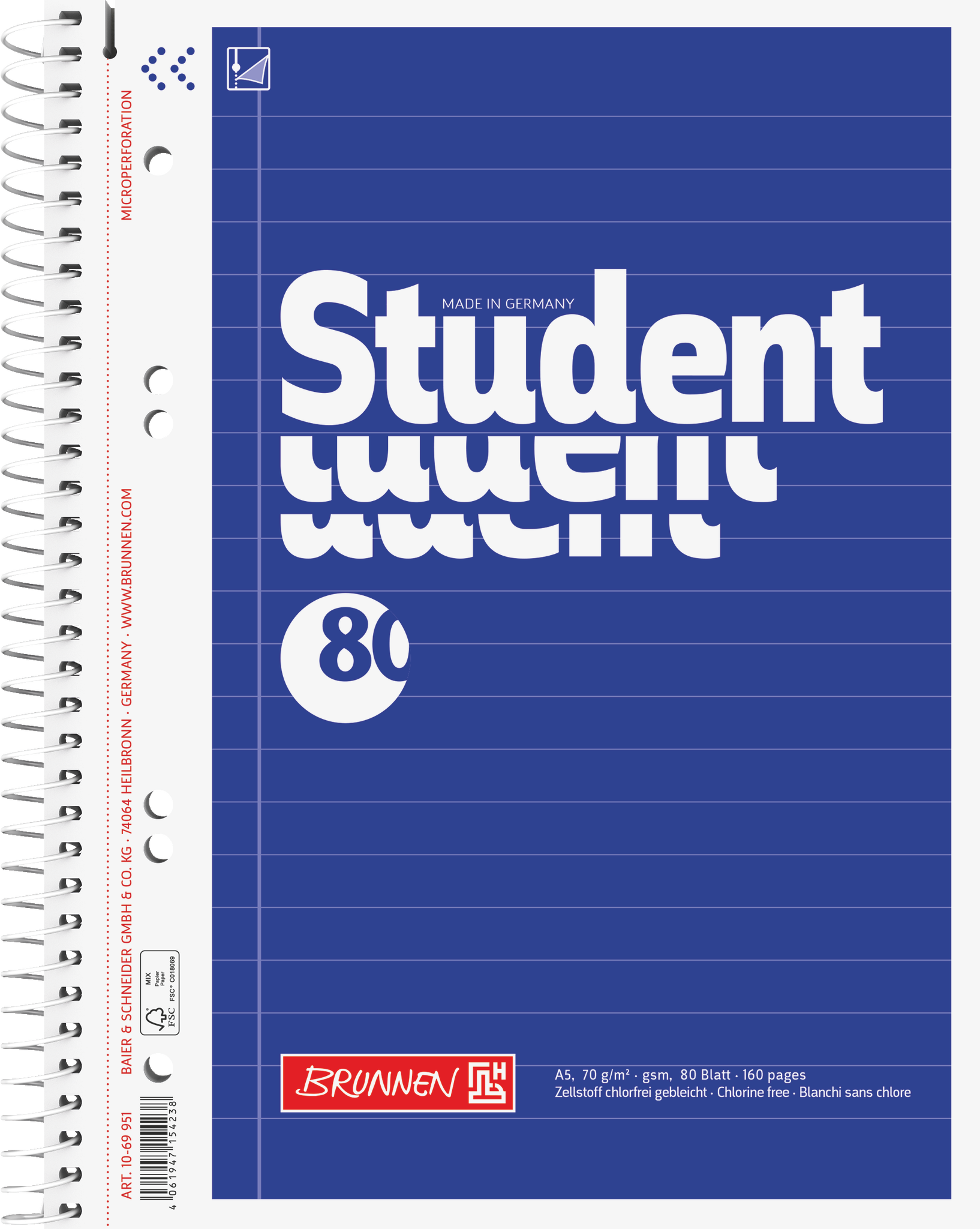 5 x Brunnen Kollegblock Student A5 70g/qm liniert 80 Blatt blau