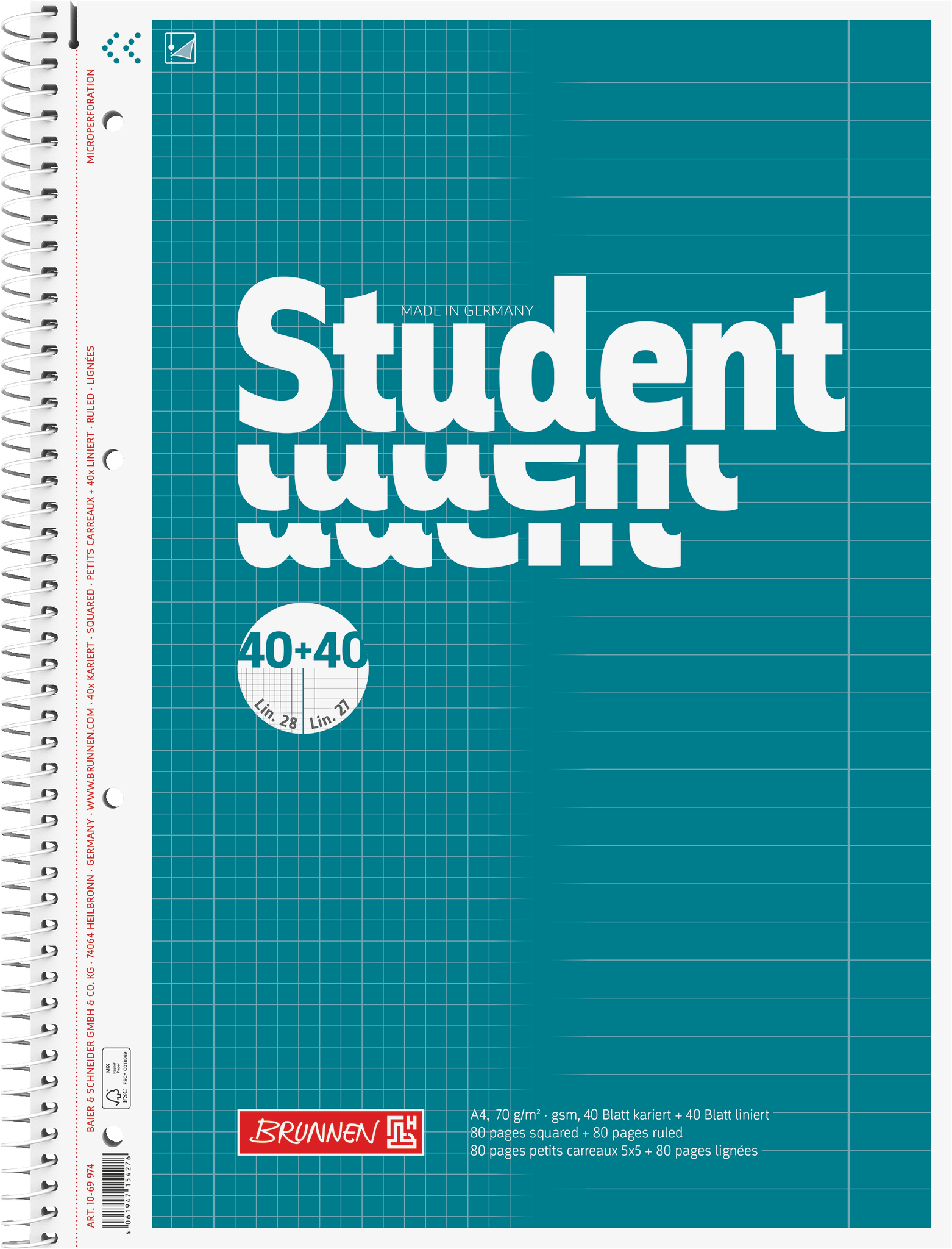 Collegeblock Student „DUO“ | A4, kariert/liniert, 80 Blatt, petrol