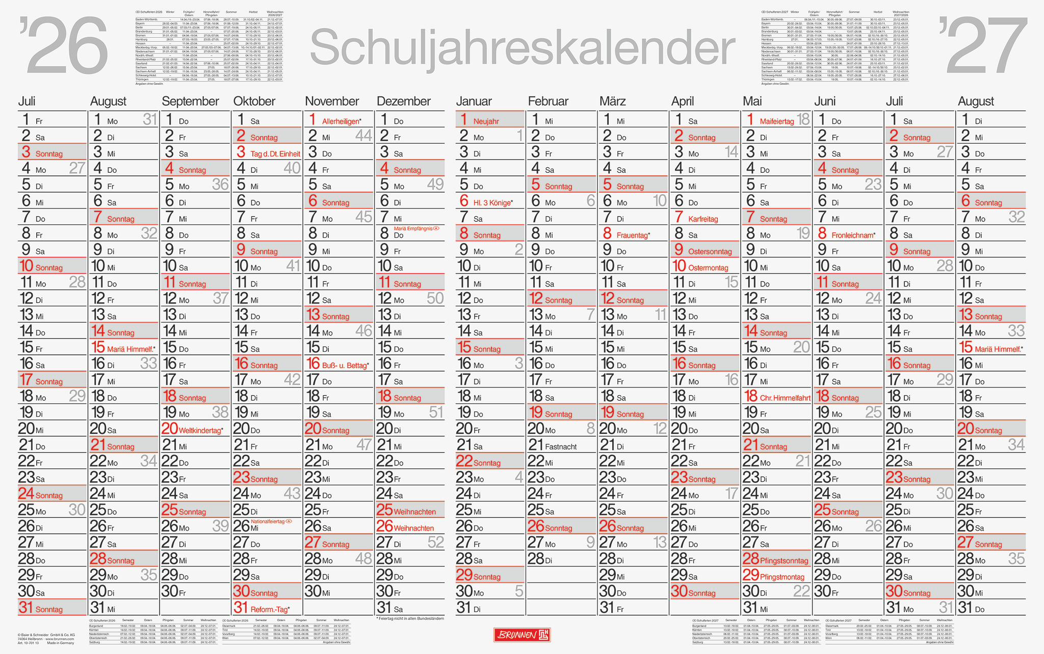 5 x Brunnen Schuljahreskalender abwischbar 2026/2027