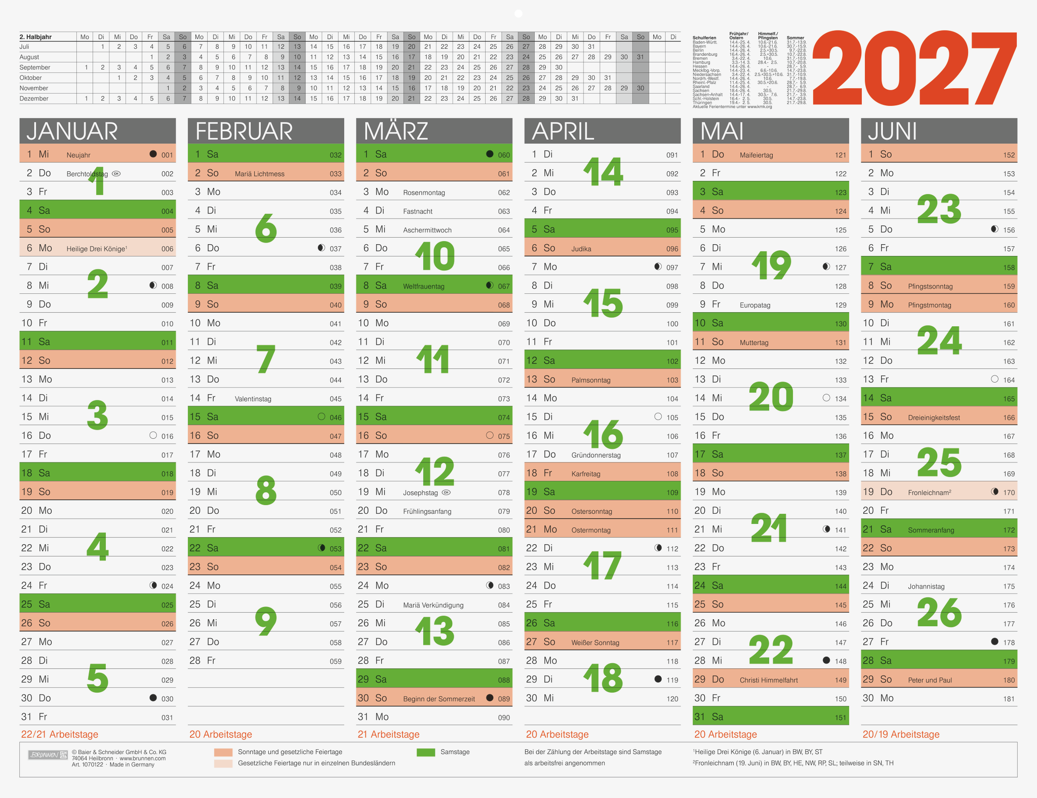 3 x Brunnen Tafelkalender XL 65x50cm 2027
