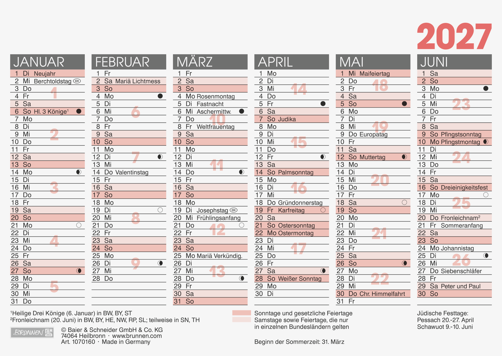 25 x Brunnen Tafelkalender A6quer 2027