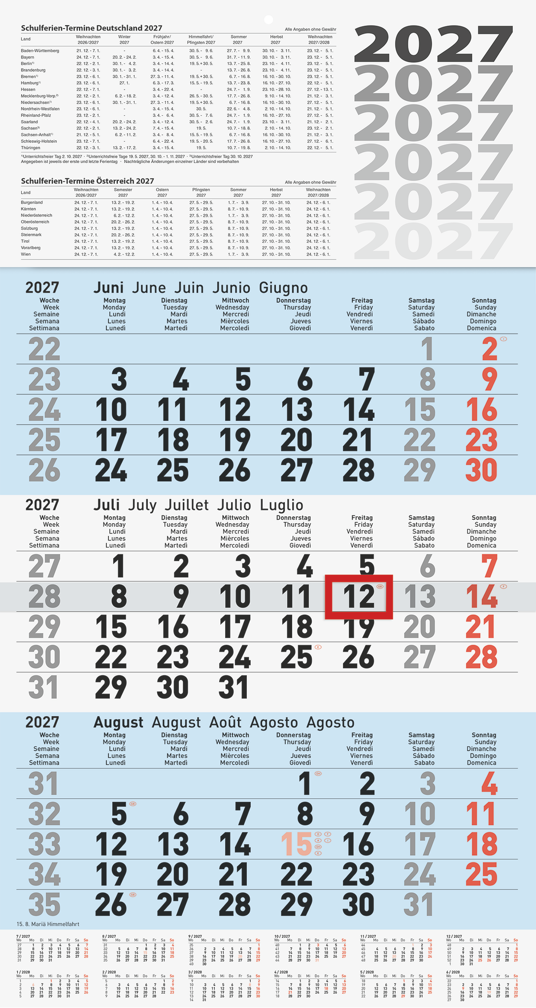 3 x Brunnen 3-Monatskalender Wandkalender 30x56cm einteilig 2027