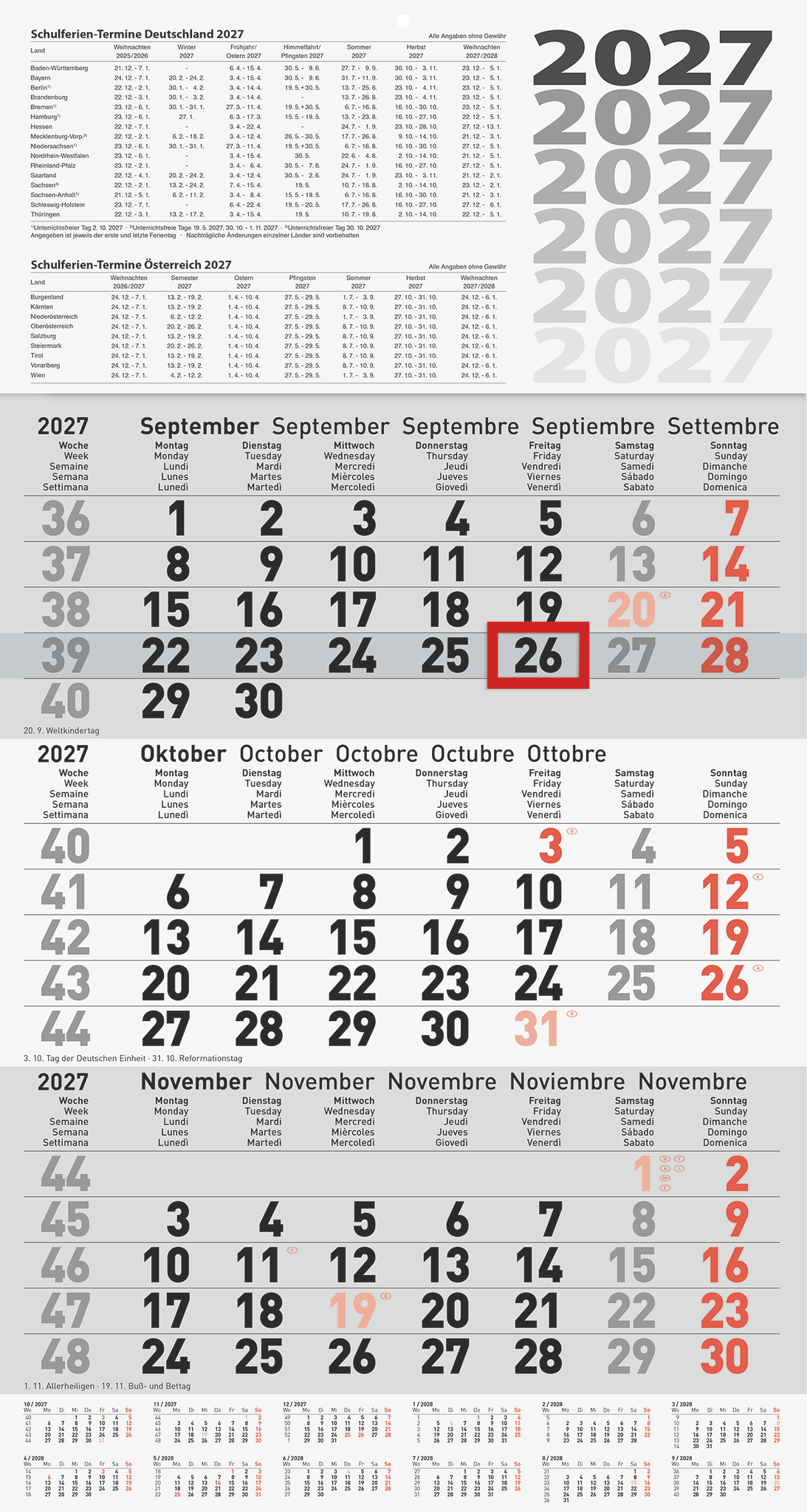 3 x Brunnen 3-Monatskalender Wandkalender 30x58cm einteilig 2027