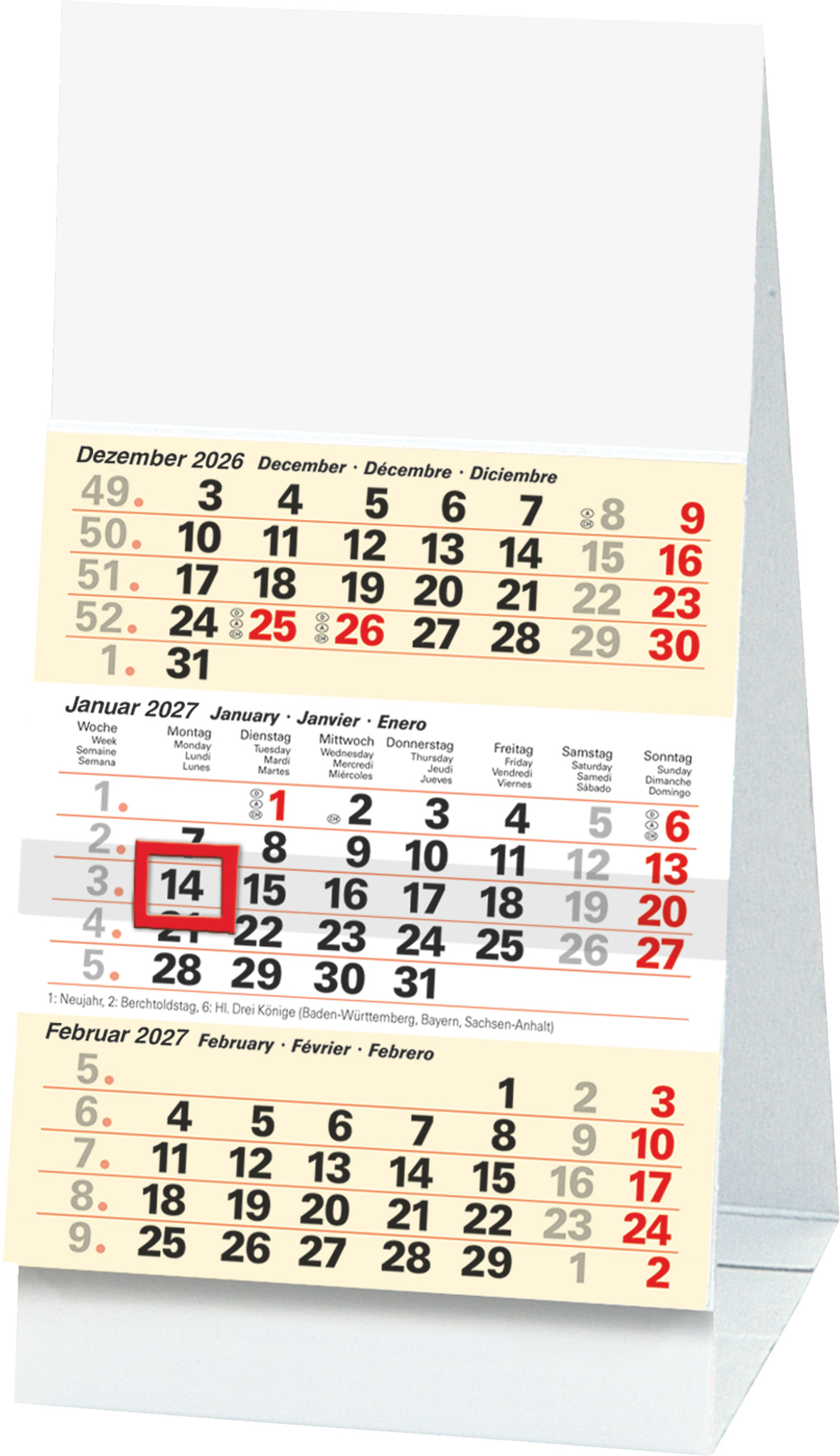 3-Monats-Tischkalender 2027 | 10×12 cm, weiß/hellgelb