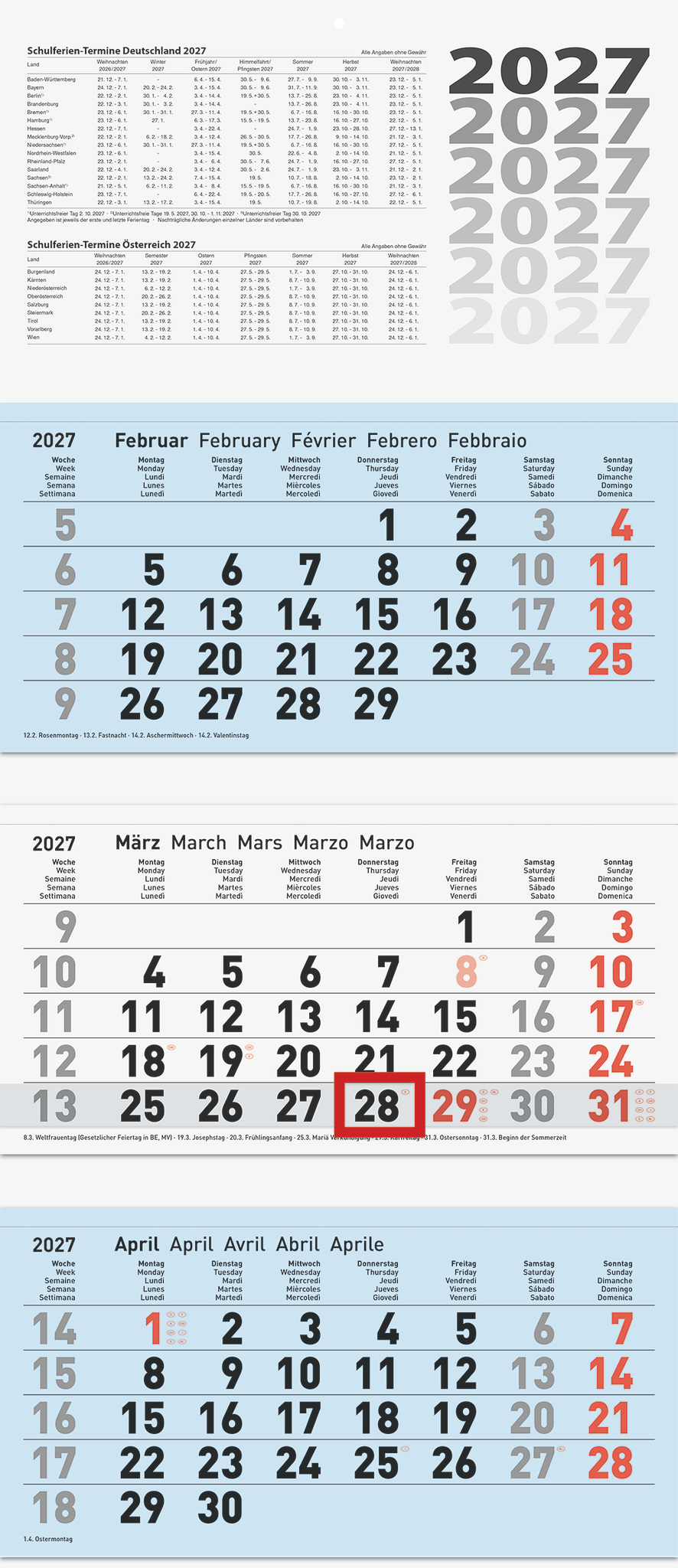 2 x Brunnen 3-Monatskalender Wandkalender 32x74cm 3 Monatsblöcke 2027