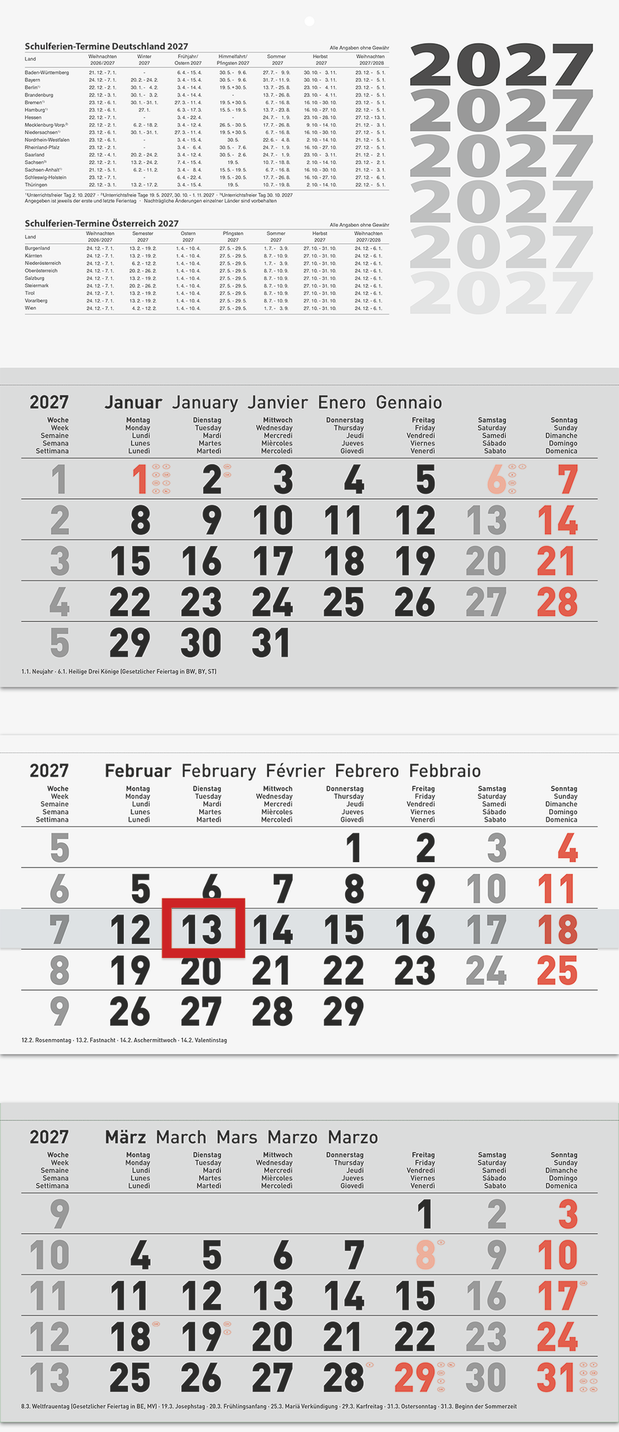 2 x Brunnen 3-Monatskalender Wandkalender 32x74cm 3 Monatsblöcke 2027