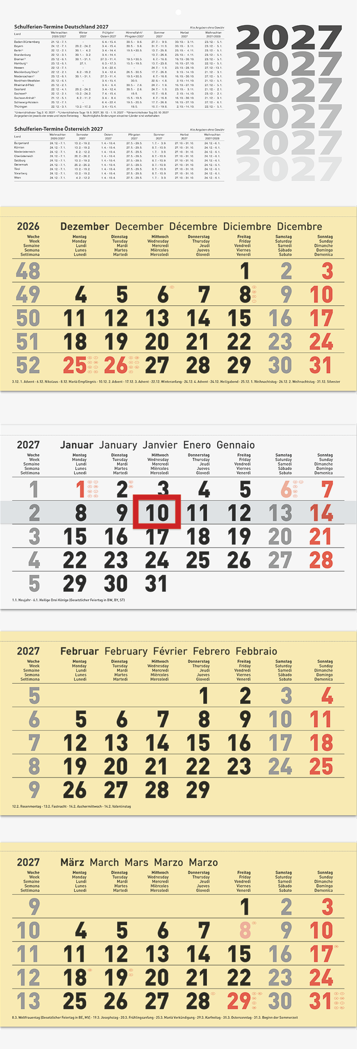 2 x Brunnen 4-Monatskalender Wandkalender 32x94cm 4 Monatsblöcke 2027
