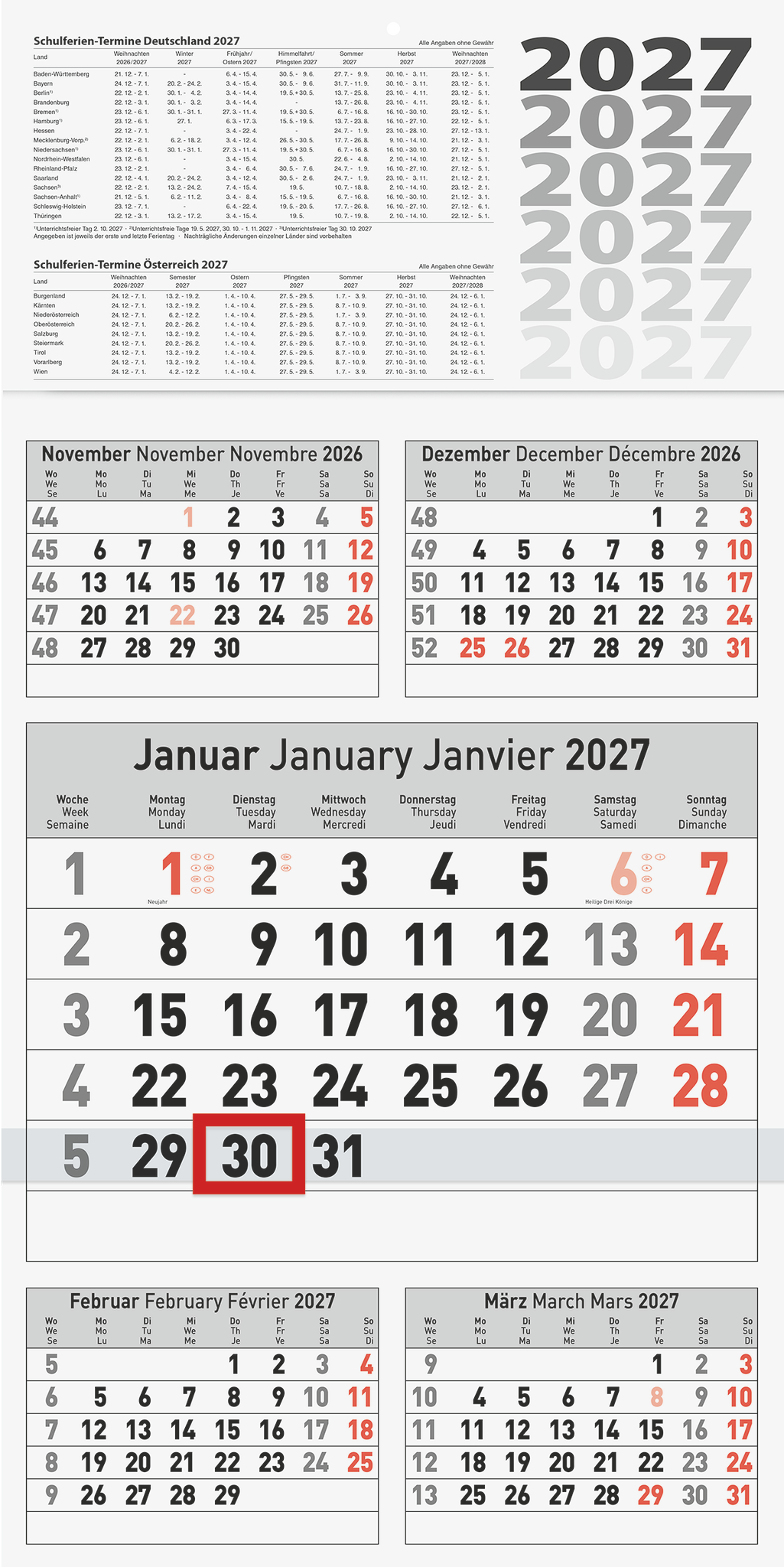 3 x Brunnen Fünfmonatskalender Modell 702 30x58,5cm 5 Monate/Seite 202