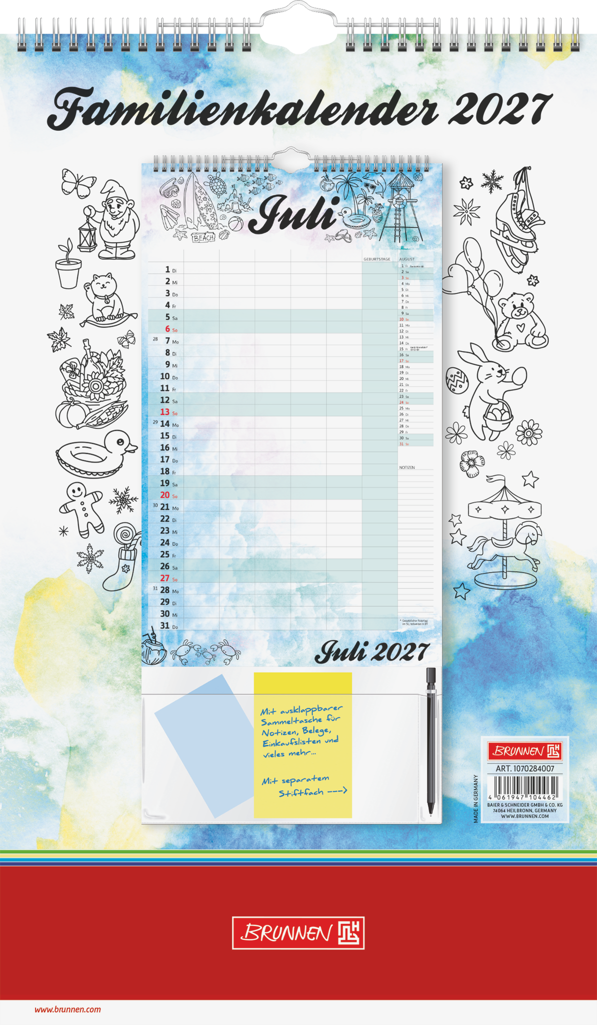 3 x Brunnen Familienkalender 25x41,5cm 1 Monat/Seite Aquarell 2027