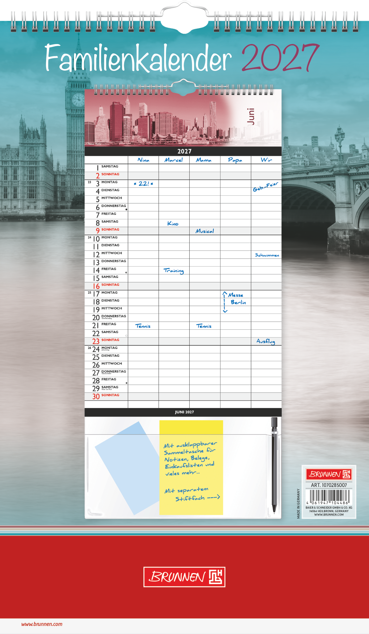 3 x Brunnen Familykalender 25x41,5cm Big City 1 Monat/Seite 5 Spalten