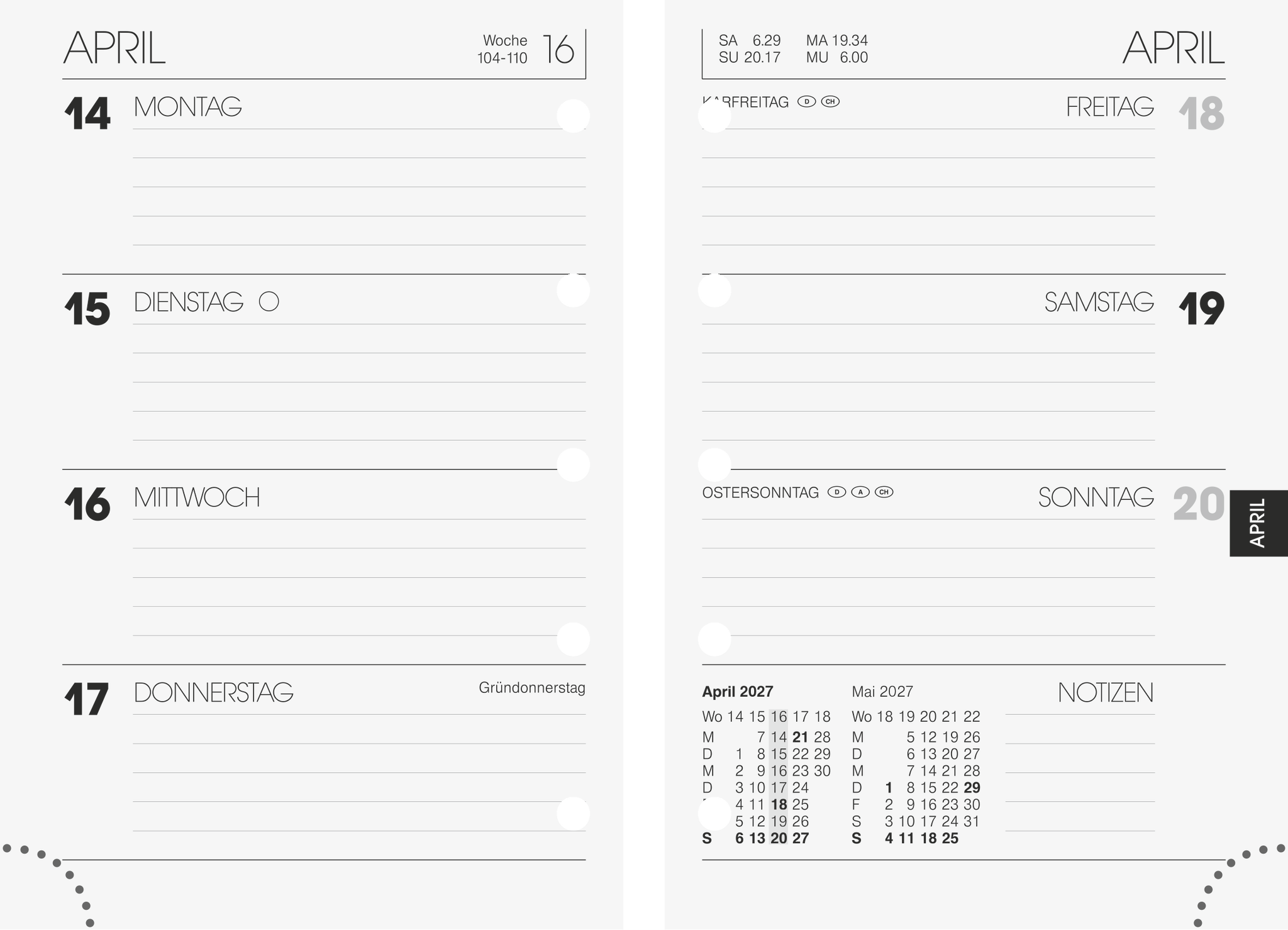 Brunnen Wochenkalendarium 723 für Ringbuch-Kalender 7,6x11,2cm 1 Woche