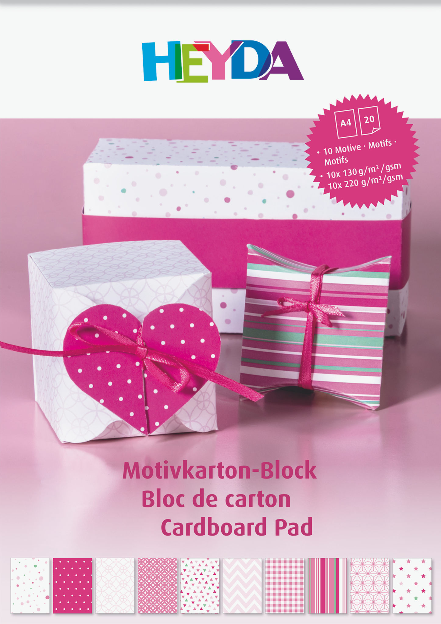 5 x Heyda Motivkarton-Block A4 100/220g/qm 20 Blatt pink