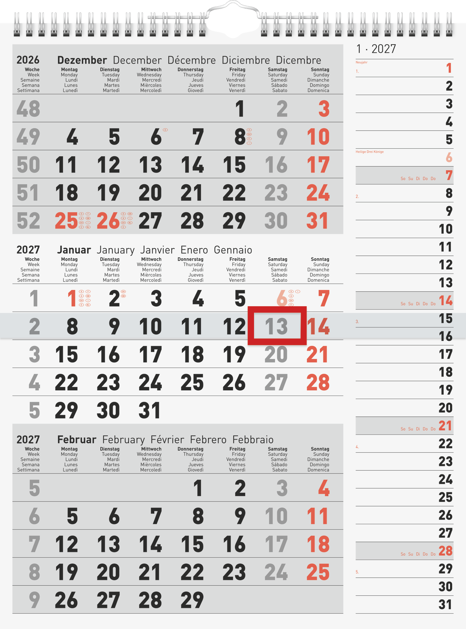 rido idé Wandkalender 3-Monatskalender Kombi Planer 3, 2027