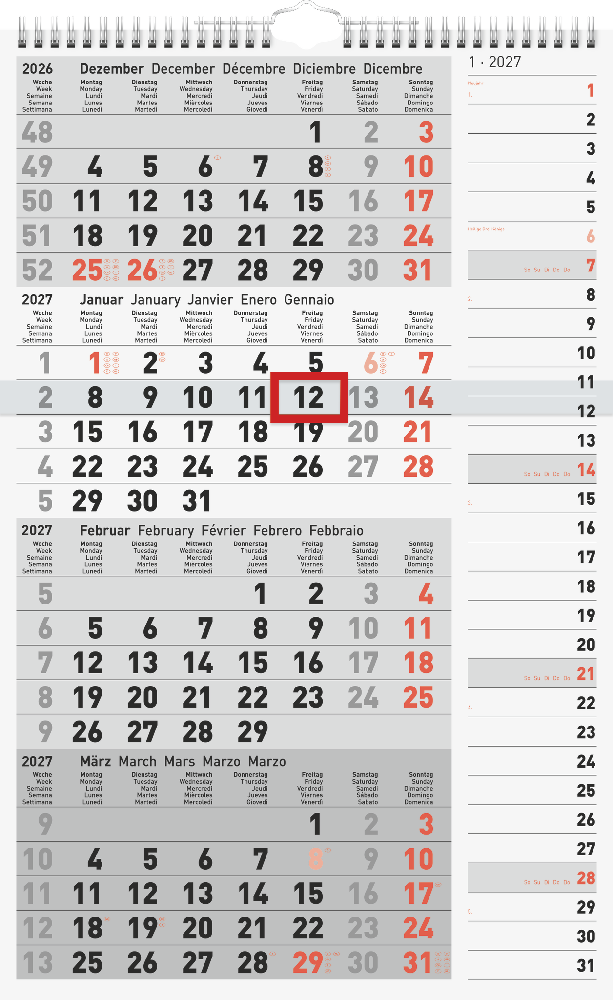 rido idé Wandkalender 4-Monatskalender Kombi Planer 4, 2027