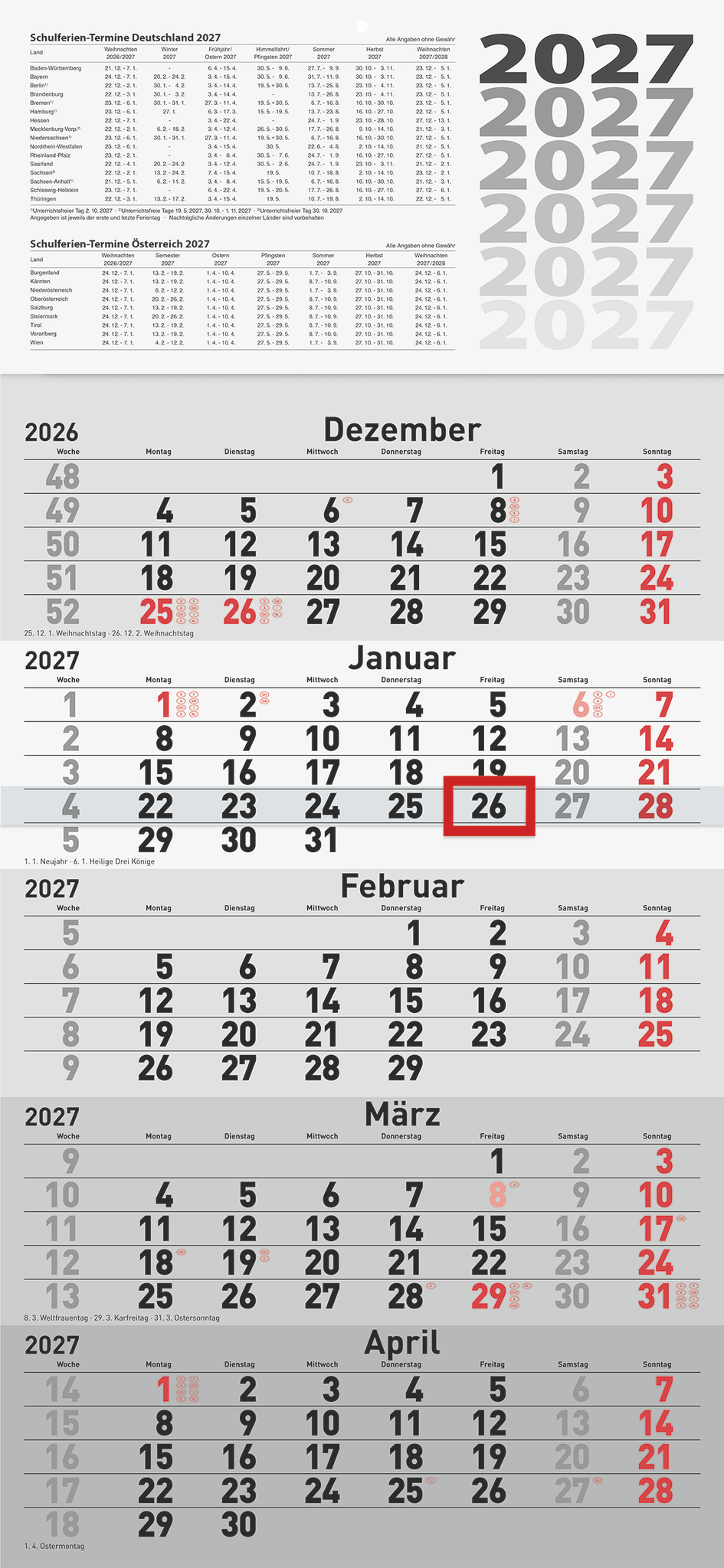 Rido 5-Monatskalender Wandkalender 30x63cm einteilig 2027