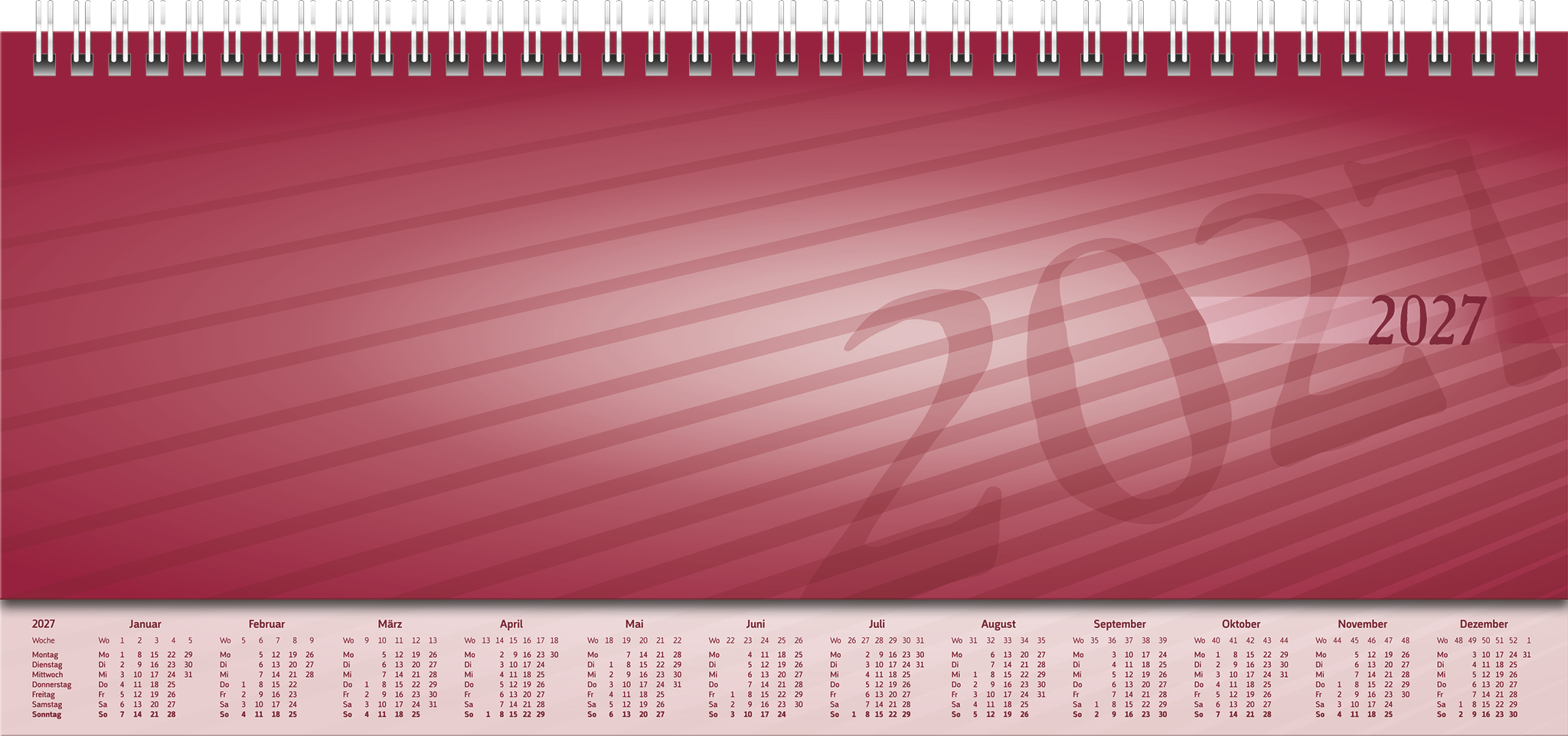 Rido Schreibtischquerkalender Sequenz 29,7x10,5cm 1 Woche /2 Seiten ro