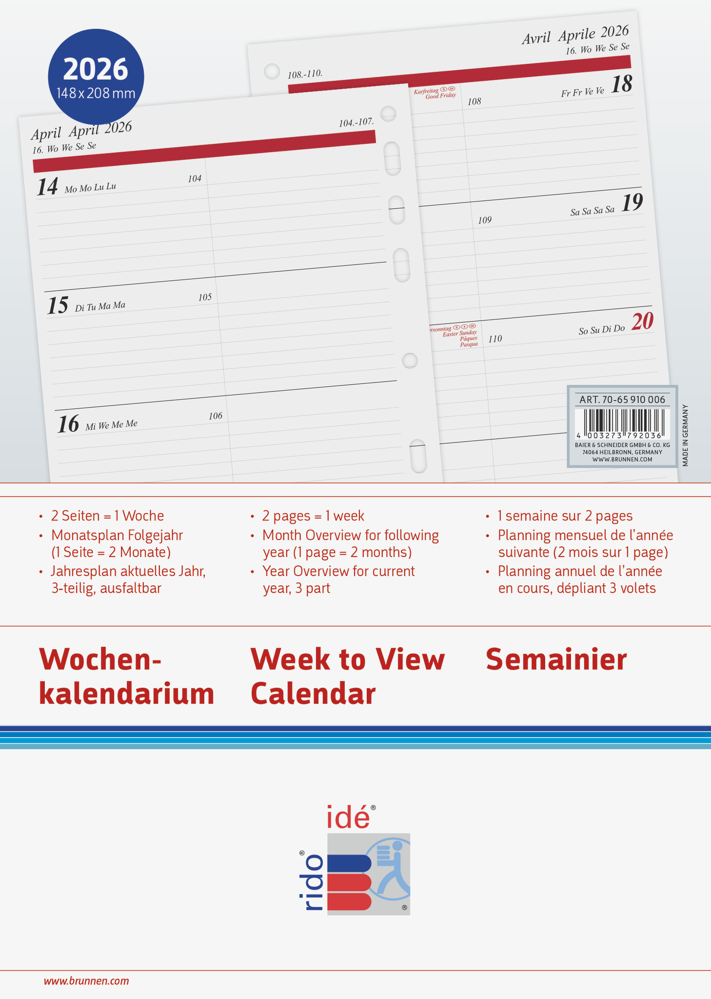 Rido Wochenkalendarium 1 Woche/2 Seiten 14,8x20,8cm A5 2026