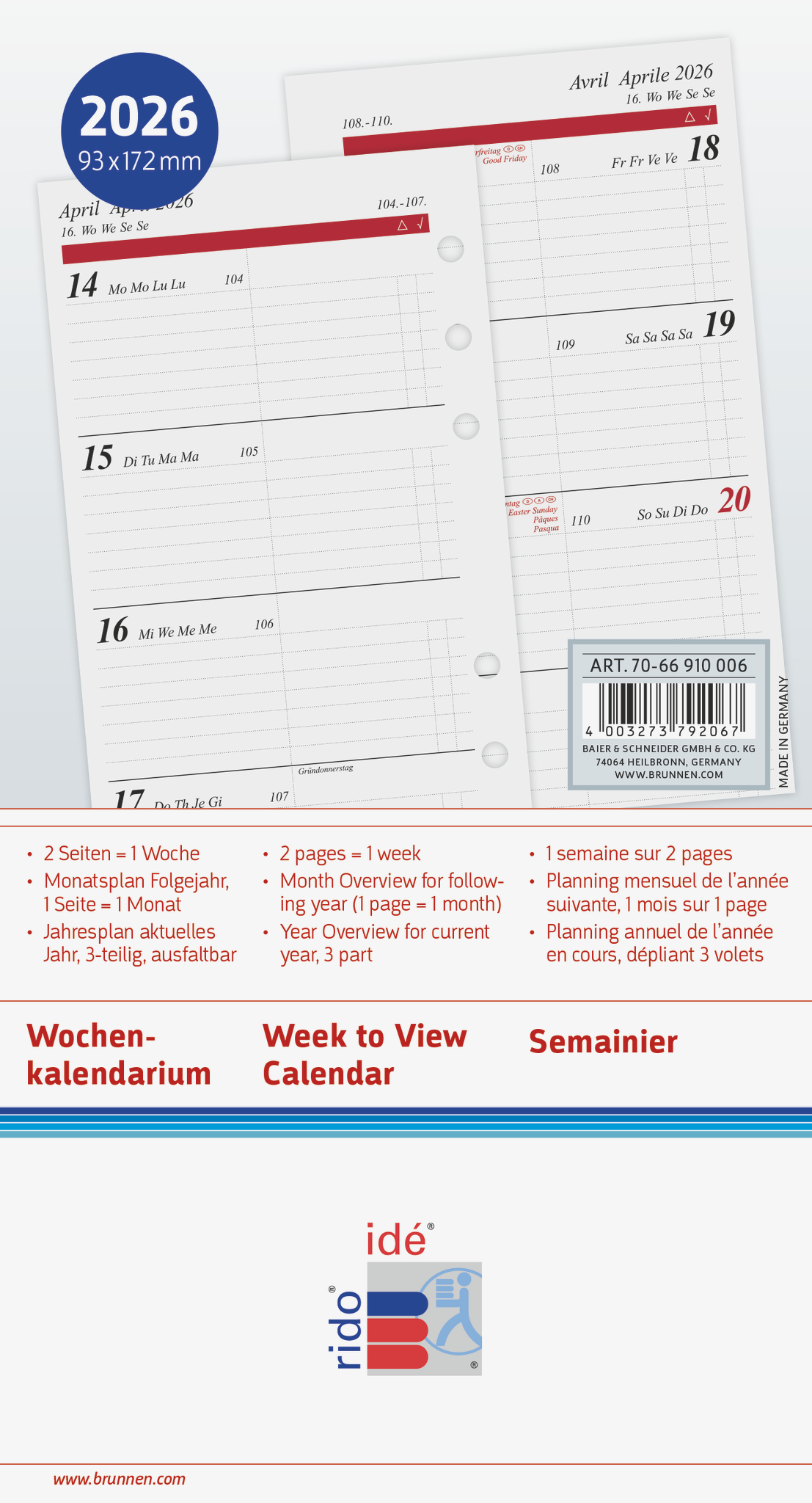 Rido Wochenkalendarium 1 Woche/2 Seiten 9,3x17,2 cm 2026