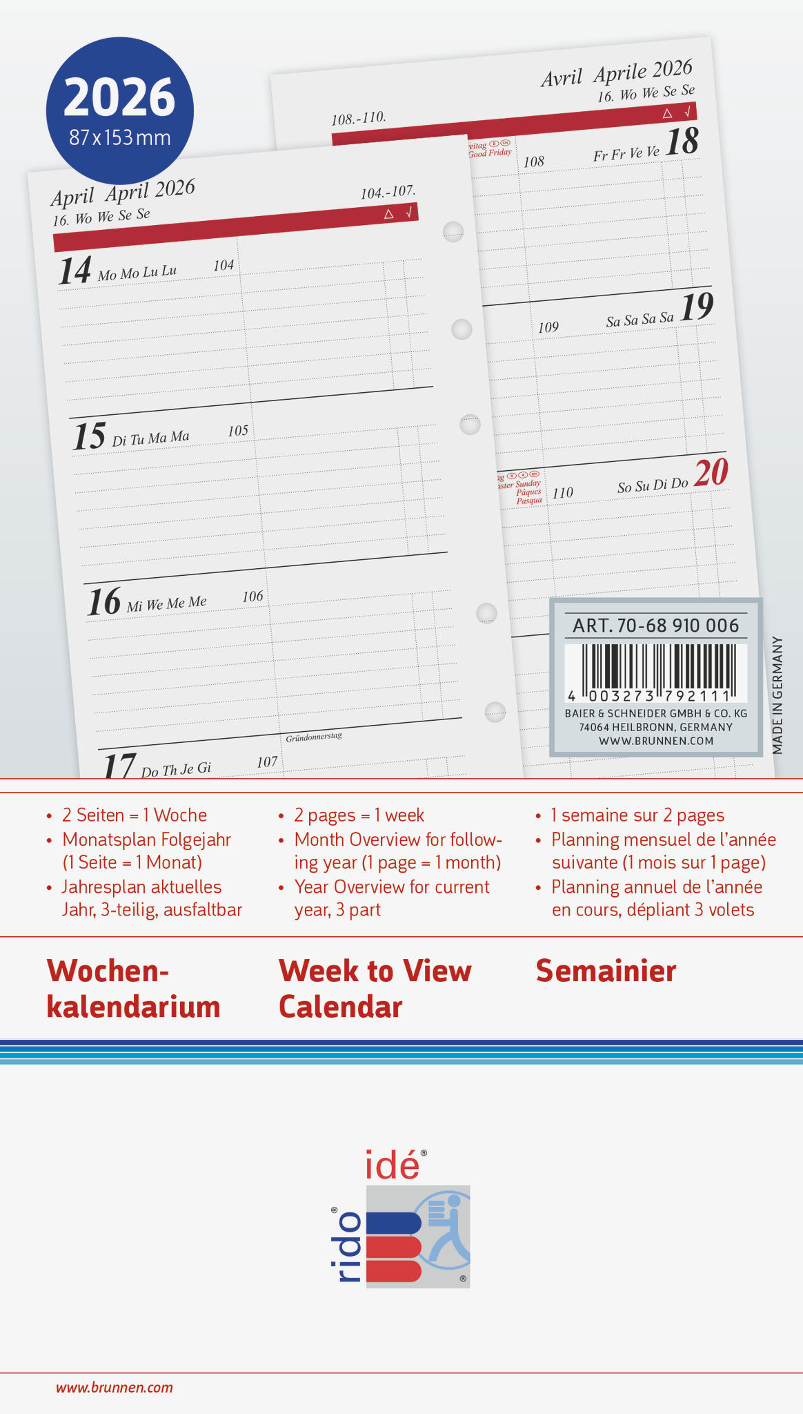 Rido Wochenkalendarium Timing Special 8,7x15,3cm 1 Woche/2 Seiten 2026