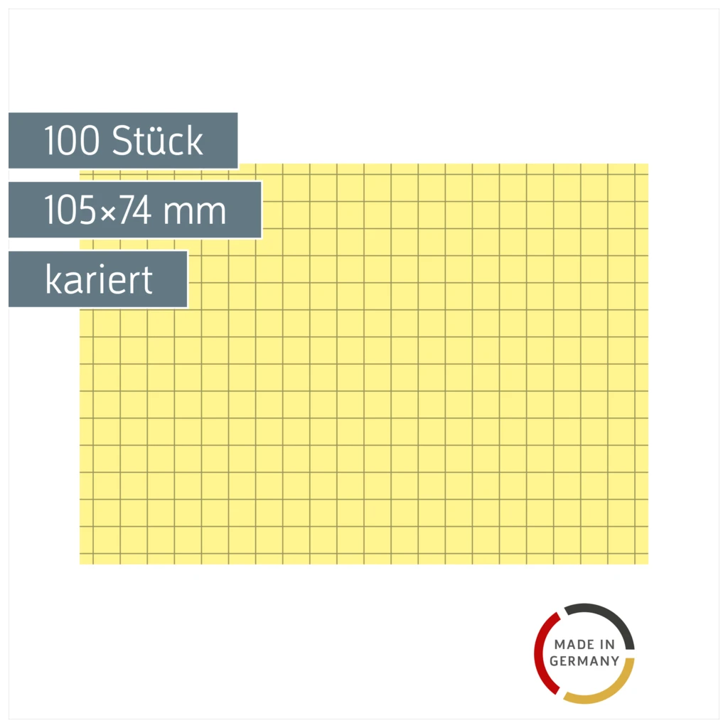 Karteikarten | 105×74 mm, A7, 5 mm kariert, gelb, 100 Stück