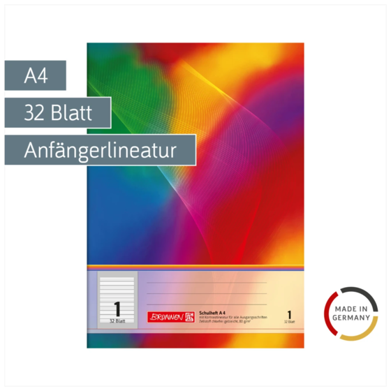 Schulheft | A4, Lineatur 1, 32 Blatt, mehrfarbig