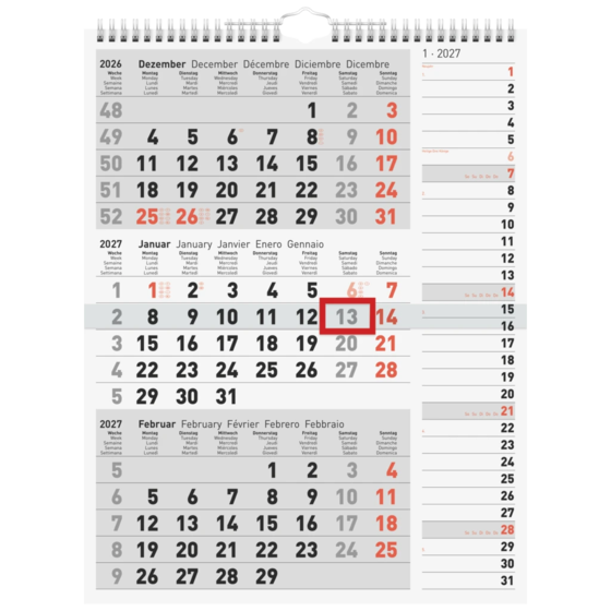 3-Monatskalender 2027 | grau, 30×39 cm