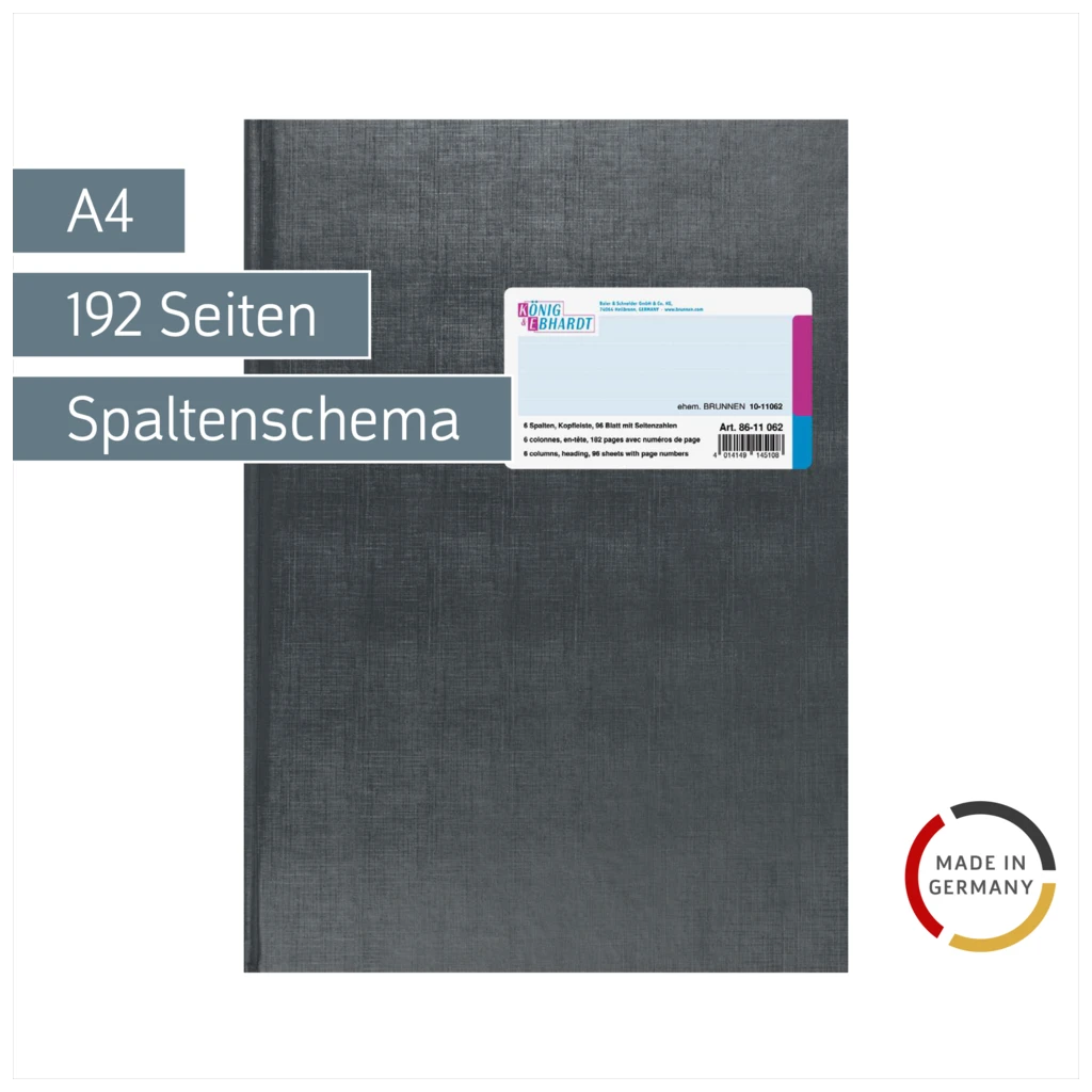 Spaltenbuch mit Kopfleiste | A4, 192 Seiten, mit Seitenzahlen, 6 Spalten, Kunststoff, grau