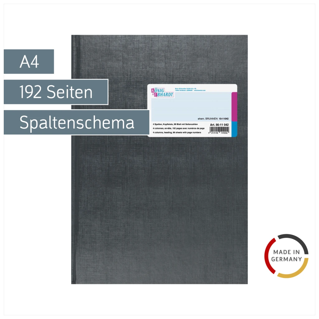 Spaltenbuch mit Kopfleiste | A4, 192 Seiten, mit Seitenzahlen, 4 Spalten, Kunststoff, grau