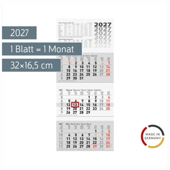 3-Monatskalender 2027 | grau, 32×74 cm