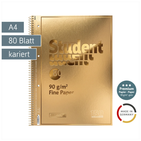 Collegeblock Premium Student „Gold“ | A4, Lineatur 28, 80 Blatt, gold
