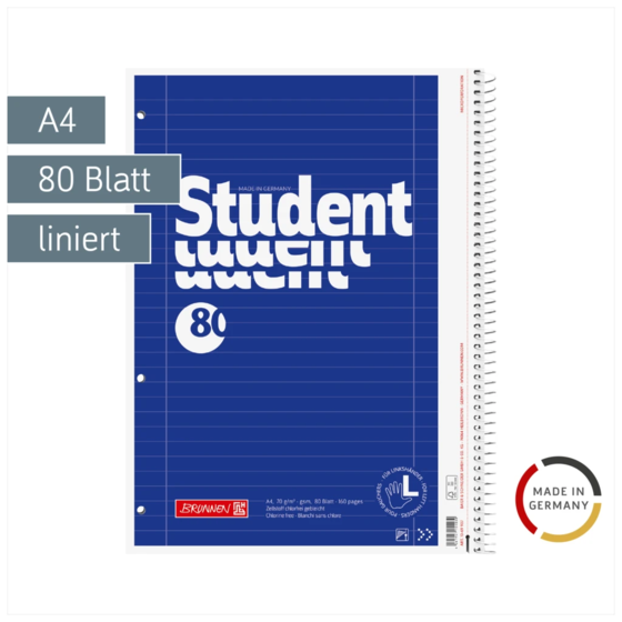 Collegeblock Student Linkshänder | A4, Lineatur 27, 80 Blatt, blau