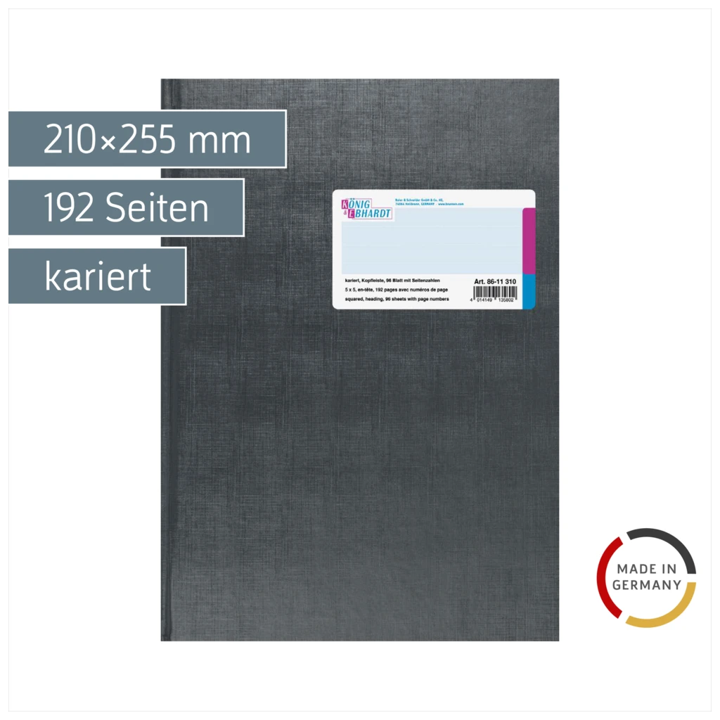 Geschäftsbuch mit Kopfleiste | A4, 192 Seiten, mit Seitenzahlen, kariert, Kunststoff, grau