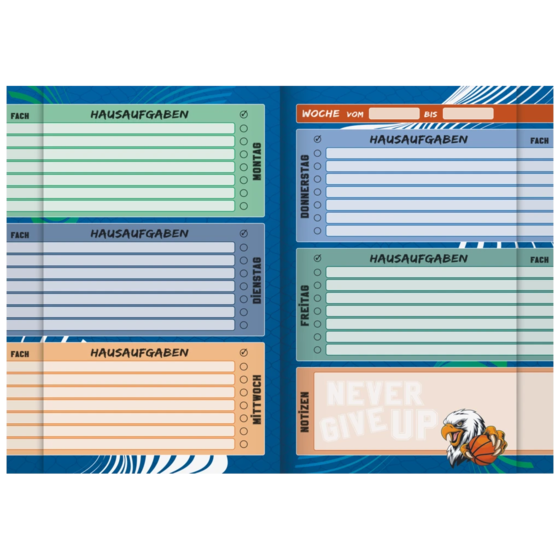 Hausaufgabenheft Sporty Animals | A5, 48 Blatt, blau/mehrfarbig