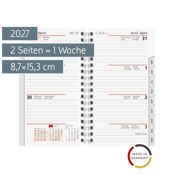 Wochen-Ersatzkalendarium Mod. Taschenplaner int. 2027 | 8,7×15,3 cm, Karton, weiß