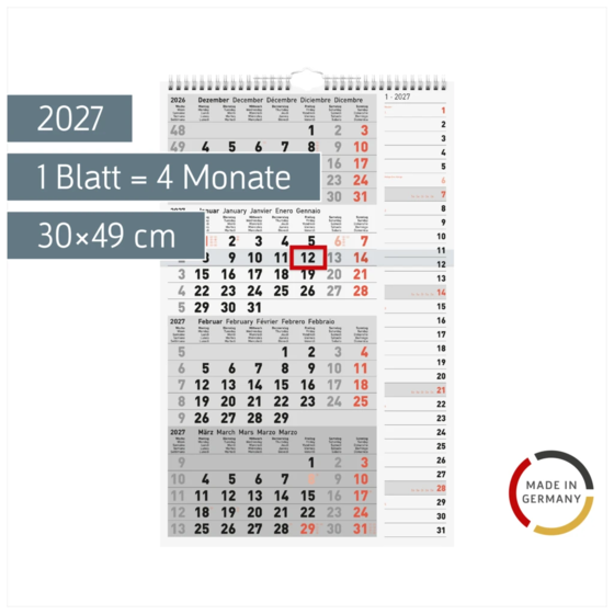 4-Monatskalender 2027 | grau, 30×49 cm
