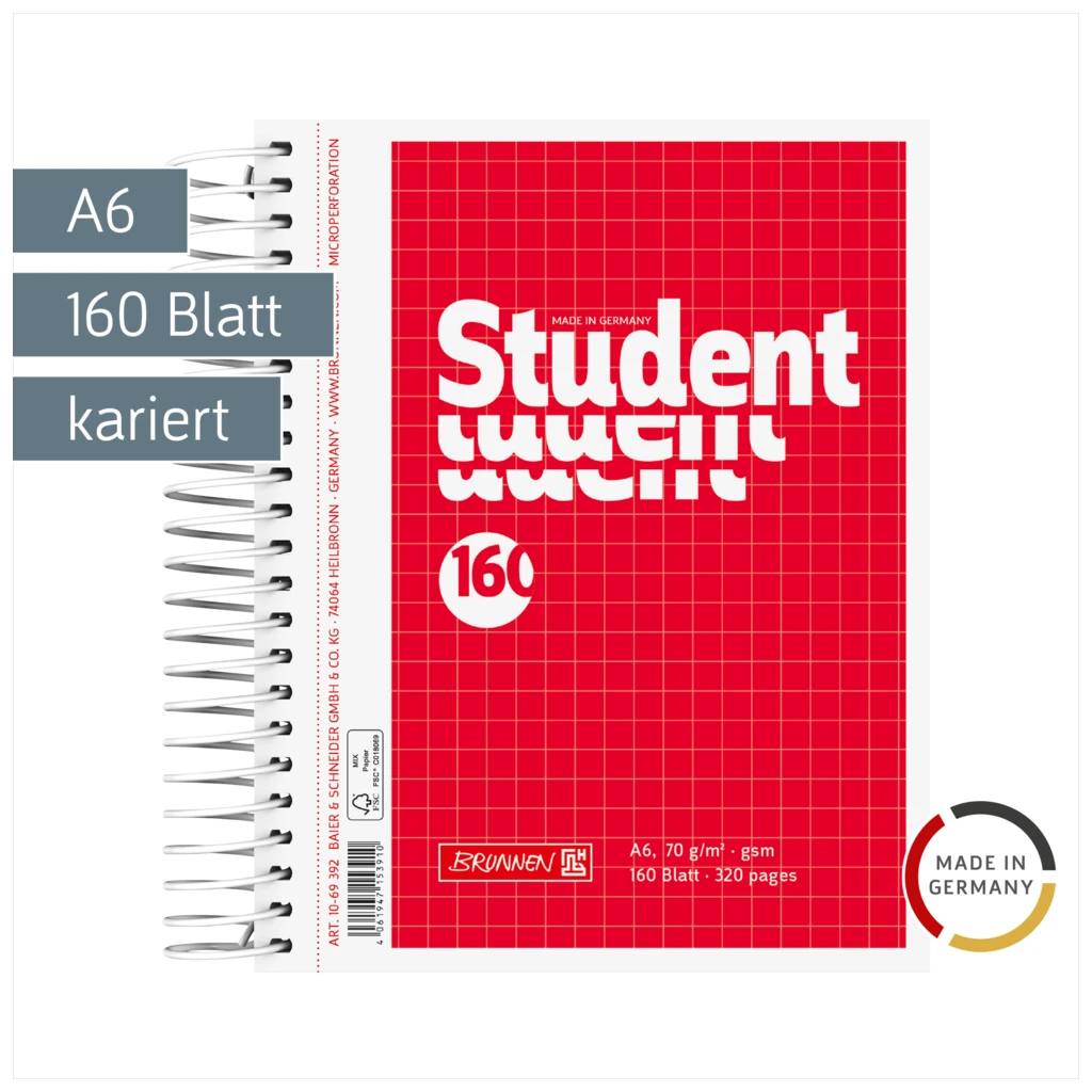 Collegeblock Student | A6, kariert, 160 Blatt, rot