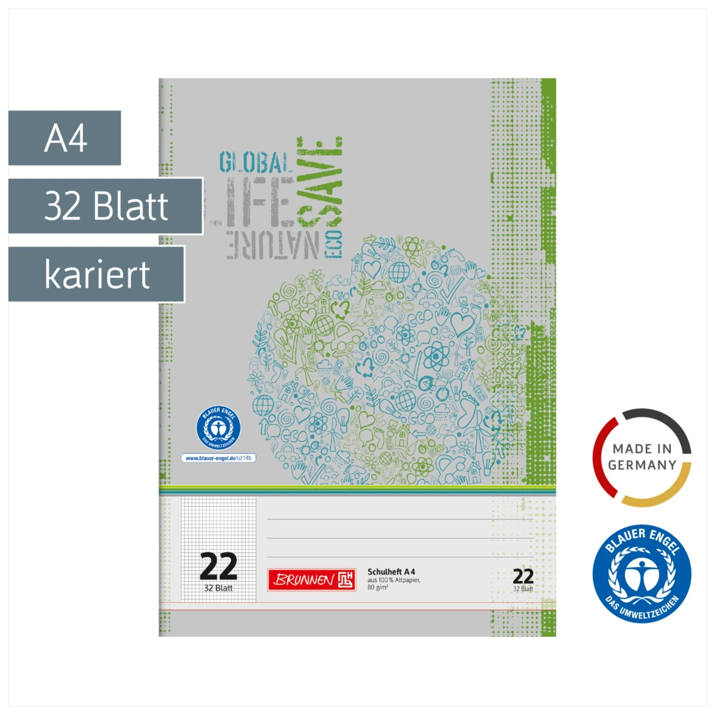 Schulheft Recycling | A4, Lineatur 22, 32 Blatt, grün/grau