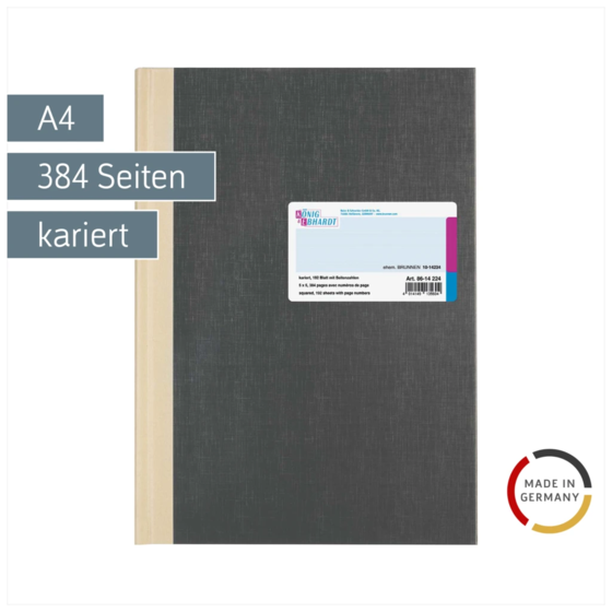 Geschäftsbuch | A4, 384 Seiten, mit Seitenzahlen, kariert, Kunststoff, grau