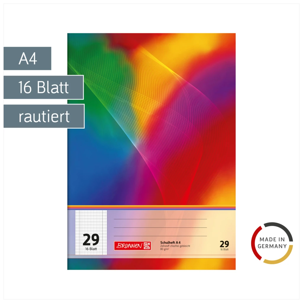 Schulheft | A4, Lineatur 29, 16 Blatt, mehrfarbig