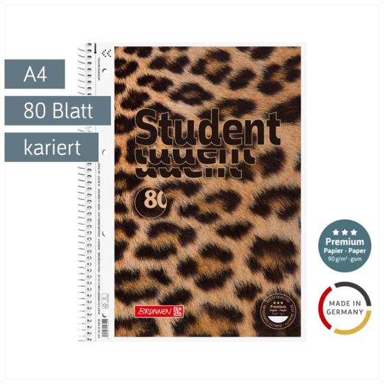 Collegeblock Premium Student „Leopard“ | A4, Lineatur 28, 80 Blatt, braun/schwarz