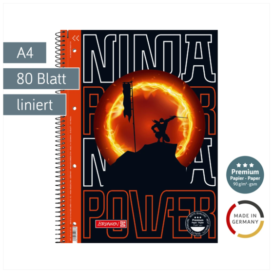 Collegeblock Premium Ninja Power | A4, Lineatur 27, 80 Blatt, orange/schwarz