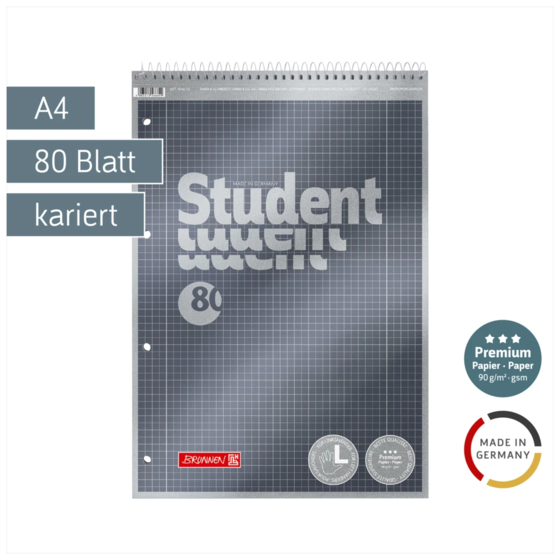 Collegeblock Premium Student Spirale oben | A4, Lineatur 28, 80 Blatt, anthrazit