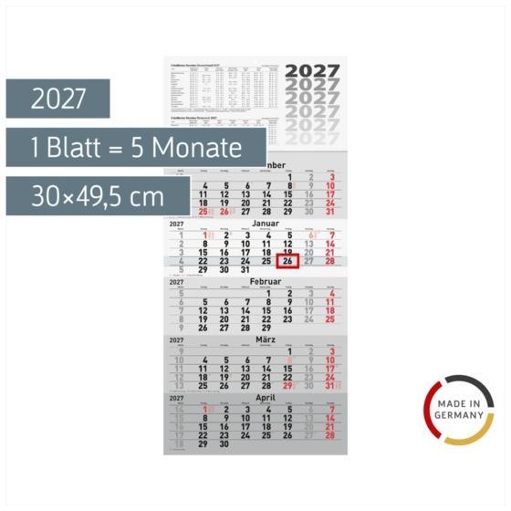 5-Monatskalender 2027 | grau, 30×63 cm